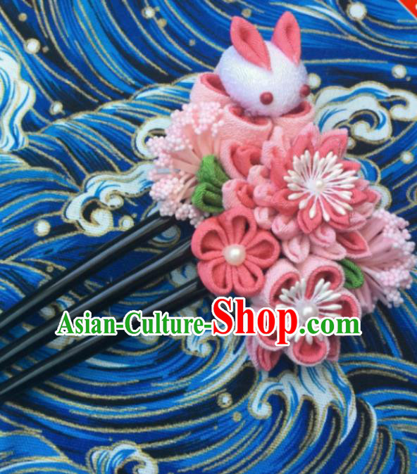 Japanese Geisha Courtesan Kimono Pink Chrysanthemum Rabbit Hairpins Traditional Yamato Hair Accessories for Women