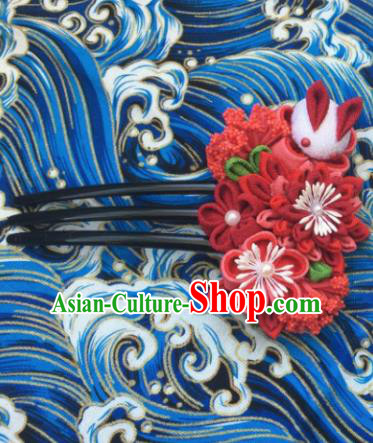 Japanese Geisha Courtesan Kimono Red Chrysanthemum Rabbit Hairpins Traditional Yamato Hair Accessories for Women