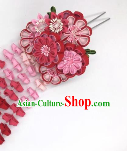 Japanese Geisha Courtesan Kimono Wine Red Sakura Tassel Hairpins Traditional Yamato Hair Accessories for Women