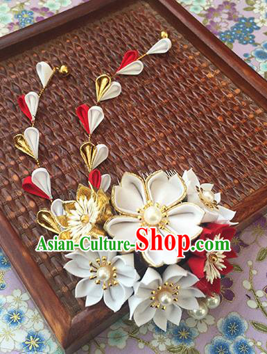 Japanese Geisha Courtesan Kimono White Sakura Hair Comb Tassel Hairpins Traditional Yamato Hair Accessories for Women