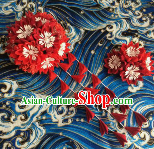 Japanese Geisha Courtesan Kimono Red Sakura Tassel Hair Claw Hairpins Traditional Yamato Hair Accessories for Women