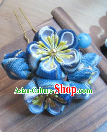 Japanese Geisha Courtesan Blue Sakura Hairpins Traditional Yamato Kimono Hair Accessories for Women