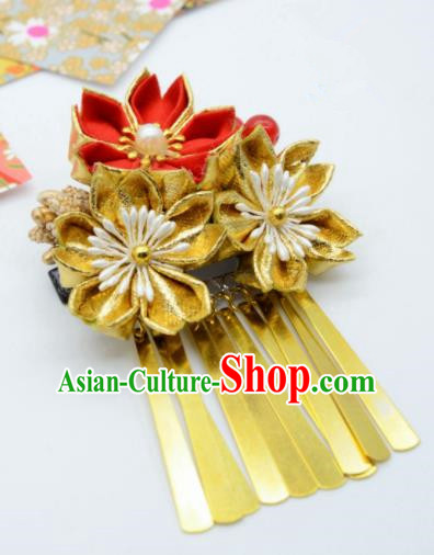 Japanese Geisha Courtesan Kimono Golden Sakura Tassel Hair Claw Hairpins Traditional Yamato Hair Accessories for Women