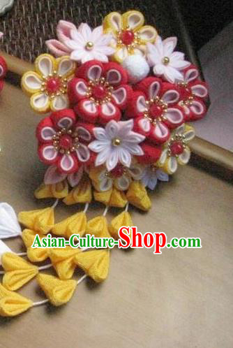 Japanese Geisha Courtesan Red Sakura Tassel Hairpins Traditional Yamato Kimono Hair Accessories for Women