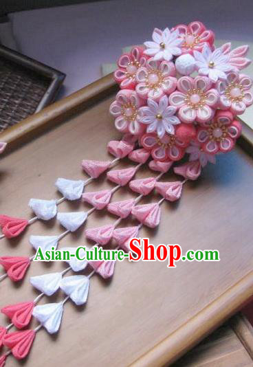 Japanese Geisha Courtesan Pink Sakura Tassel Hairpins Traditional Yamato Kimono Hair Accessories for Women