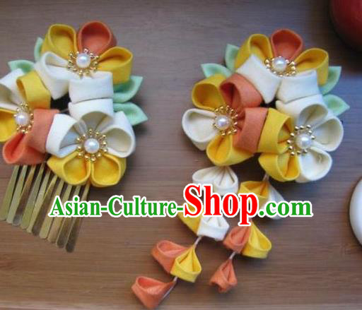 Japanese Geisha Courtesan Yellow Sakura Hair Stick Hairpins Traditional Yamato Kimono Hair Accessories for Women