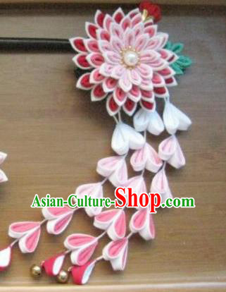 Japanese Geisha Courtesan Pink Chrysanthemum Tassel Hairpins Traditional Yamato Kimono Hair Accessories for Women