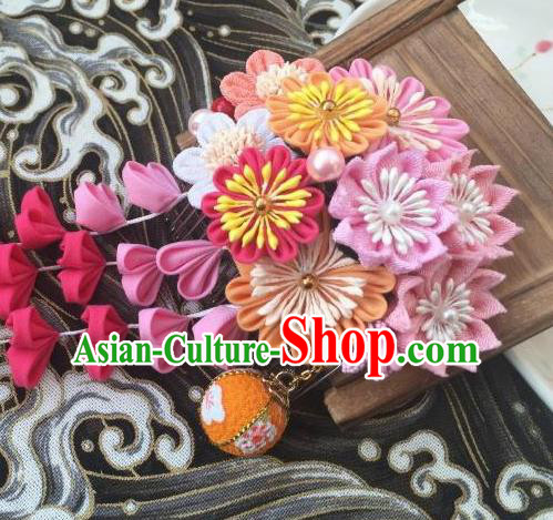 Japanese Geisha Courtesan Kimono Pink Chrysanthemum Tassel Hair Comb Hairpins Traditional Yamato Hair Accessories for Women