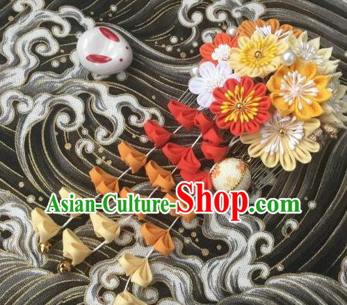 Japanese Geisha Courtesan Kimono Yellow Chrysanthemum Tassel Hair Comb Hairpins Traditional Yamato Hair Accessories for Women