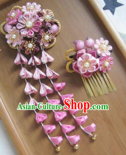 Japanese Geisha Courtesan Pink Sakura Hair Claw and Hairpins Traditional Yamato Kimono Hair Accessories for Women