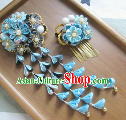 Japanese Geisha Courtesan Blue Sakura Hair Claw and Hairpins Traditional Yamato Kimono Hair Accessories for Women