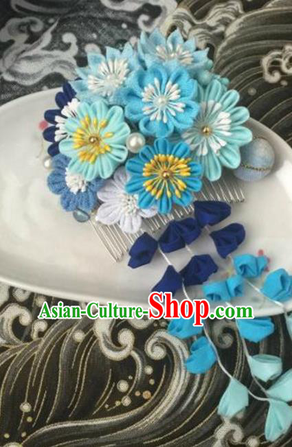 Japanese Geisha Courtesan Kimono Blue Chrysanthemum Tassel Hair Comb Hairpins Traditional Yamato Hair Accessories for Women