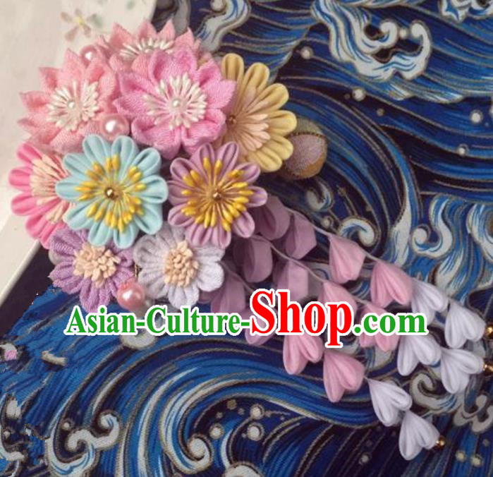 Japanese Geisha Courtesan Kimono Lilac Chrysanthemum Tassel Hair Comb Hairpins Traditional Yamato Hair Accessories for Women