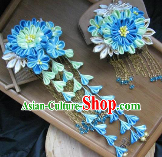 Japanese Geisha Courtesan Blue Chrysanthemum Hair Comb and Hairpins Traditional Yamato Kimono Hair Accessories for Women