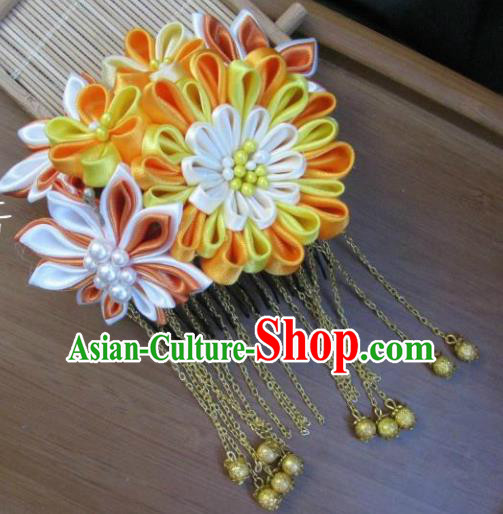 Japanese Geisha Courtesan Yellow Chrysanthemum Hair Comb Traditional Yamato Kimono Hair Accessories for Women