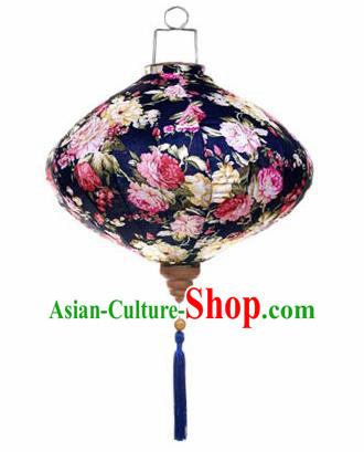 Chinese Traditional Navy Silk Hanging Lantern New Year Handmade Painting Peony Palace Lanterns