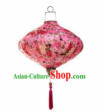 Chinese Traditional Pink Silk Hanging Lantern New Year Handmade Painting Peony Palace Lanterns