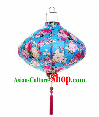 Chinese Traditional Blue Silk Hanging Lantern New Year Handmade Painting Peony Palace Lanterns