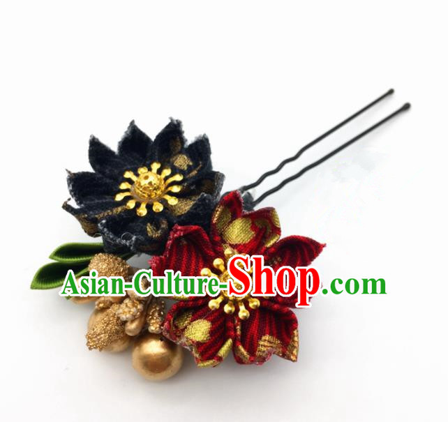 Japanese Geisha Courtesan Kimono Wine Red Sakura Hairpins Traditional Yamato Hair Accessories for Women