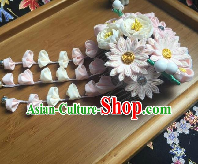 Japanese Geisha Courtesan Kimono White Chrysanthemum Tassel Hair Comb Hairpins Traditional Yamato Hair Accessories for Women