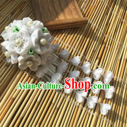 Japanese Geisha Courtesan Kimono White Sakura Tassel Hairpins Traditional Yamato Hair Accessories for Women