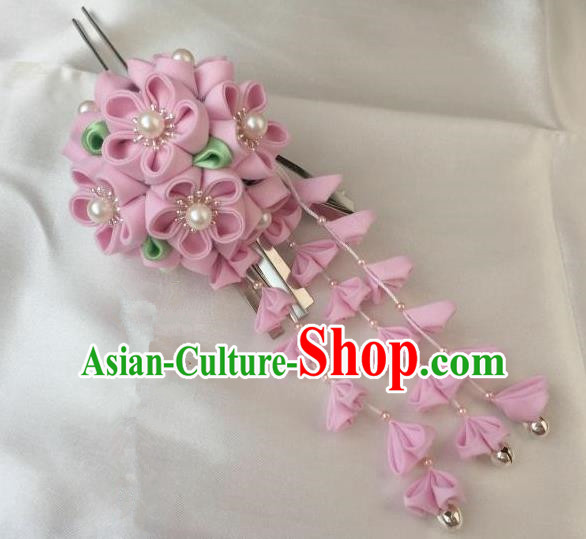 Japanese Geisha Courtesan Kimono Pink Sakura Tassel Hairpins Traditional Yamato Hair Accessories for Women