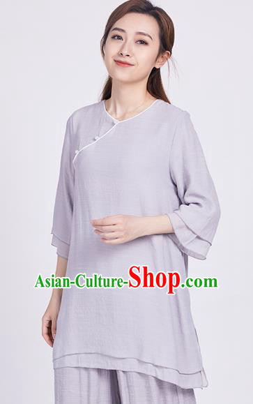 Chinese Traditional Martial Arts Grey Silk Blouse Tai Chi Competition Shirt Costume for Women