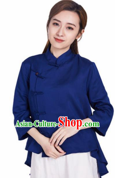 Chinese Traditional Martial Arts Navy Slant Opening Blouse Tai Chi Competition Shirt Costume for Women