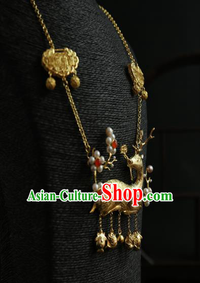 Chinese Ancient Court Golden Deer Longevity Lock Necklace Traditional Princess Hanfu Necklet Accessories for Women