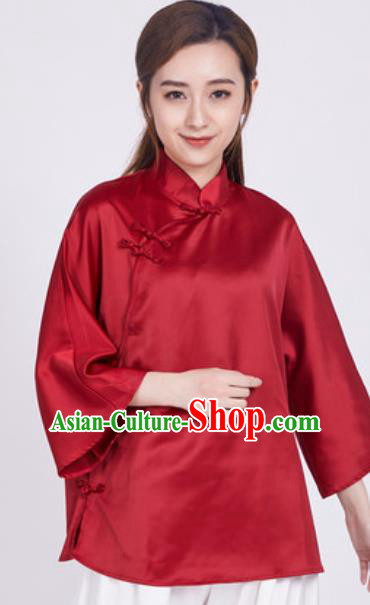 Chinese Traditional Martial Arts Red Slant Opening Blouse Tai Chi Competition Shirt Costume for Women