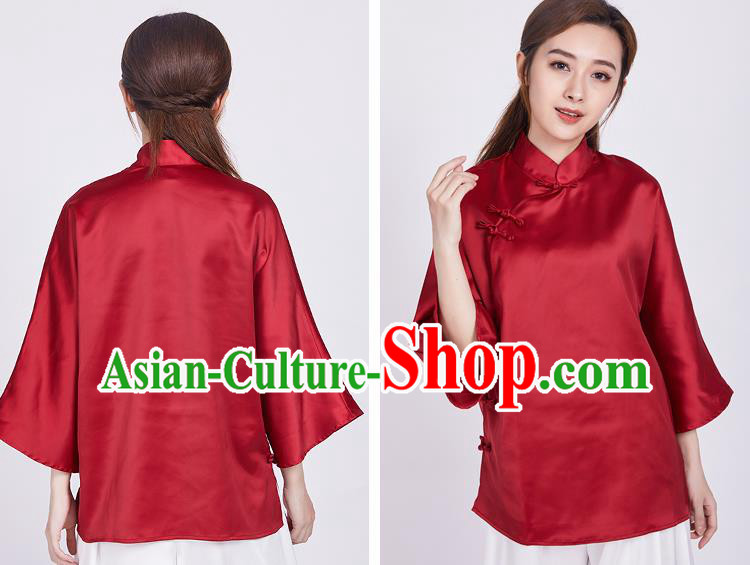 Chinese Traditional Martial Arts Red Slant Opening Blouse Tai Chi Competition Shirt Costume for Women