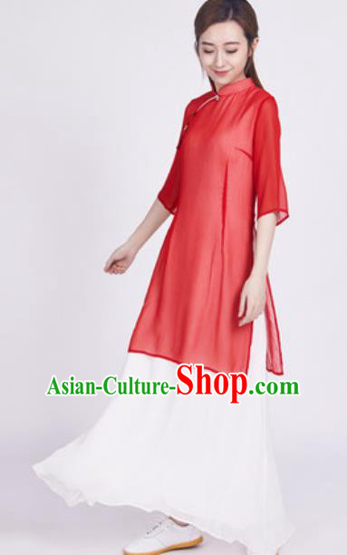 Chinese Traditional Tang Suit Martial Arts Red Slant Opening Blouse Tai Chi Competition Costume for Women