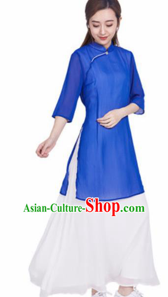 Chinese Traditional Tang Suit Martial Arts Blue Slant Opening Blouse Tai Chi Competition Costume for Women