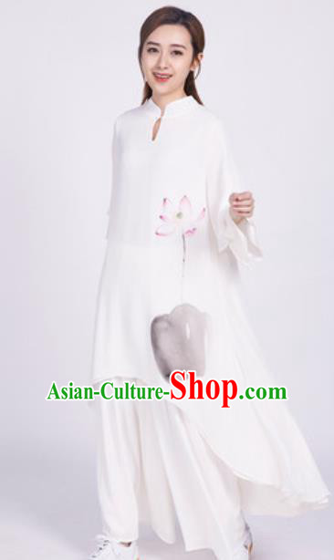 Chinese Traditional Tang Suit Martial Arts Ink Painting Lotus White Blouse Tai Chi Competition Costume for Women