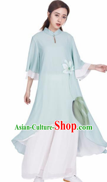 Chinese Traditional Tang Suit Martial Arts Ink Painting Lotus Green Blouse Tai Chi Competition Costume for Women