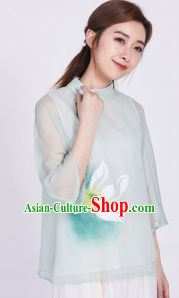 Chinese Traditional Tang Suit Ink Painting Lotus Green Blouse Martial Arts Tai Chi Competition Costume for Women