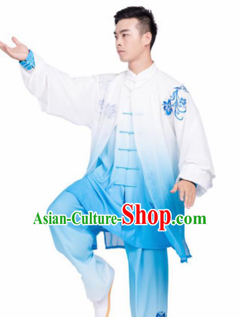 Chinese Traditional Tang Suit Blue Clothing Martial Arts Tai Chi Competition Costume for Men