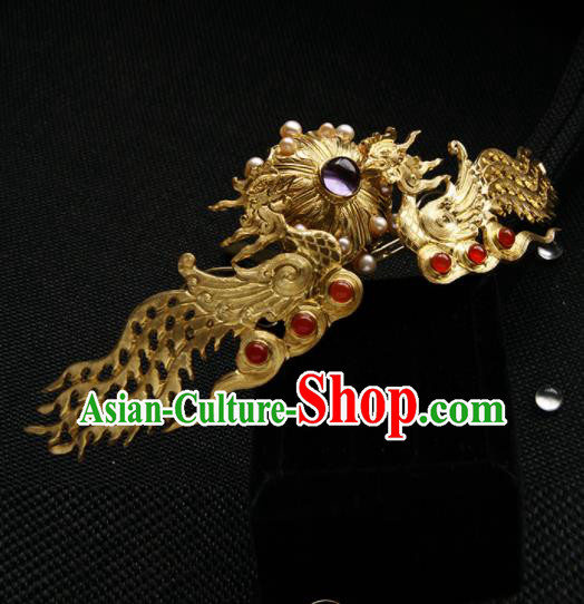 Chinese Ancient Tang Dynasty Queen Golden Phoenix Hair Comb Hairpins Traditional Hanfu Hair Accessories for Women