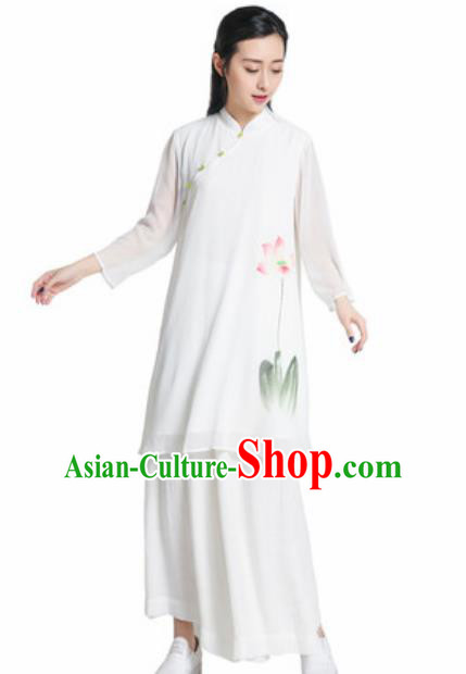 Chinese Traditional Tang Suit Ink Painting Lotus Clothing Martial Arts Tai Chi Competition Costume for Women