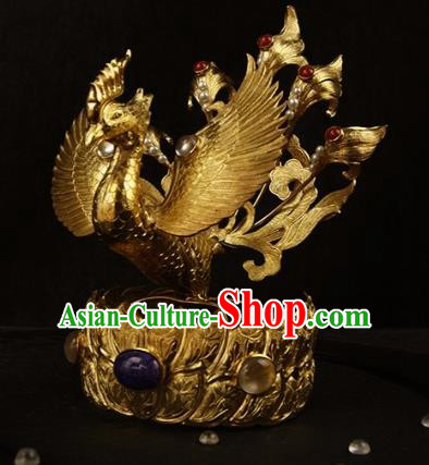 Chinese Ancient Tang Dynasty Golden Phoenix Coronet Hairpins Traditional Hanfu Hair Accessories for Women