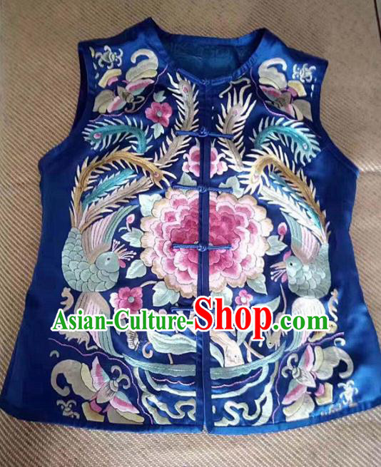 Chinese Traditional Tang Suit Embroidered Royalblue Vest National Waistcoat Costume for Women