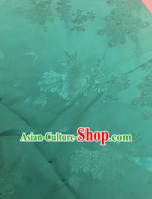 Traditional Chinese Royal Peacock Peony Pattern Design Green Brocade Silk Fabric Asian Satin Material