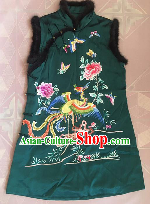Chinese Traditional Tang Suit Embroidered Phoenix Peony Vest National Costume Green Waistcoat for Women