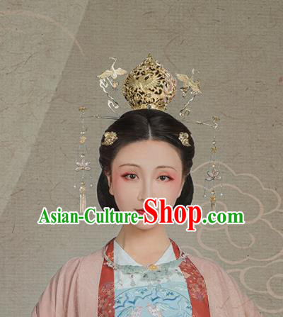 Chinese Ancient Tang Dynasty Queen Golden Phoenix Coronet Hairpins Traditional Hanfu Hair Accessories Complete Set for Women