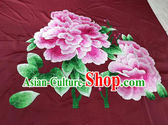 Chinese Handmade Embroidered Peony Wine Red Silk Fabric Patch Traditional Embroidery Craft