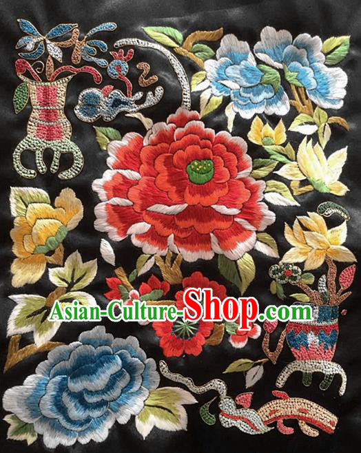 Chinese Handmade Embroidered Peony Lotus Silk Fabric Patch Traditional Embroidery Craft