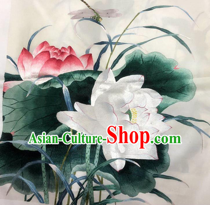 Chinese Handmade Embroidered Lotus Silk Fabric Patch Traditional Embroidery Craft