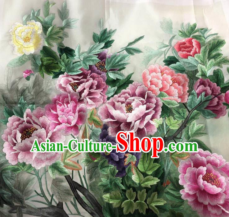 Chinese Handmade Embroidered Lilac Peony Silk Fabric Patch Traditional Embroidery Craft