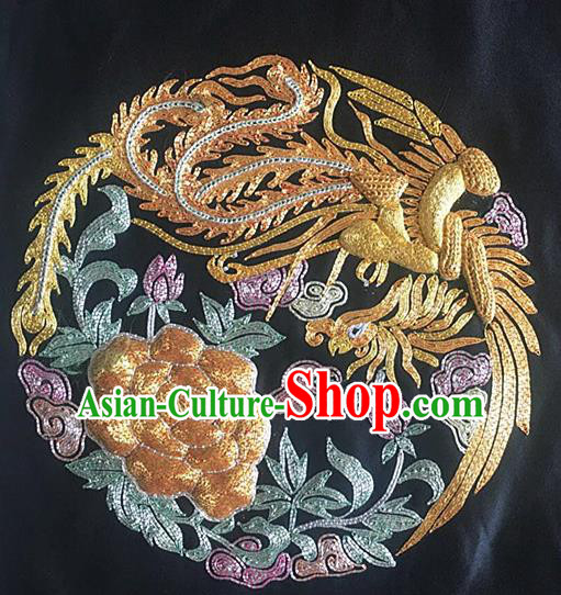 Chinese Handmade Embroidered Golden Phoenix Peony Silk Fabric Patch Traditional Embroidery Craft