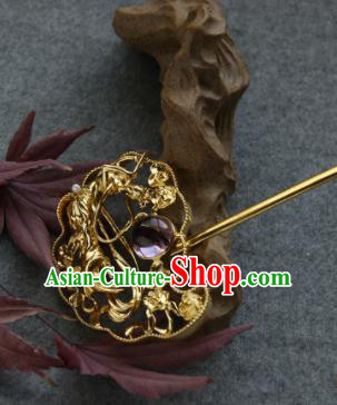 Chinese Ancient Ming Dynasty Queen Amethyst Hairpins Golden Hair Clip Traditional Hanfu Hair Accessories for Women